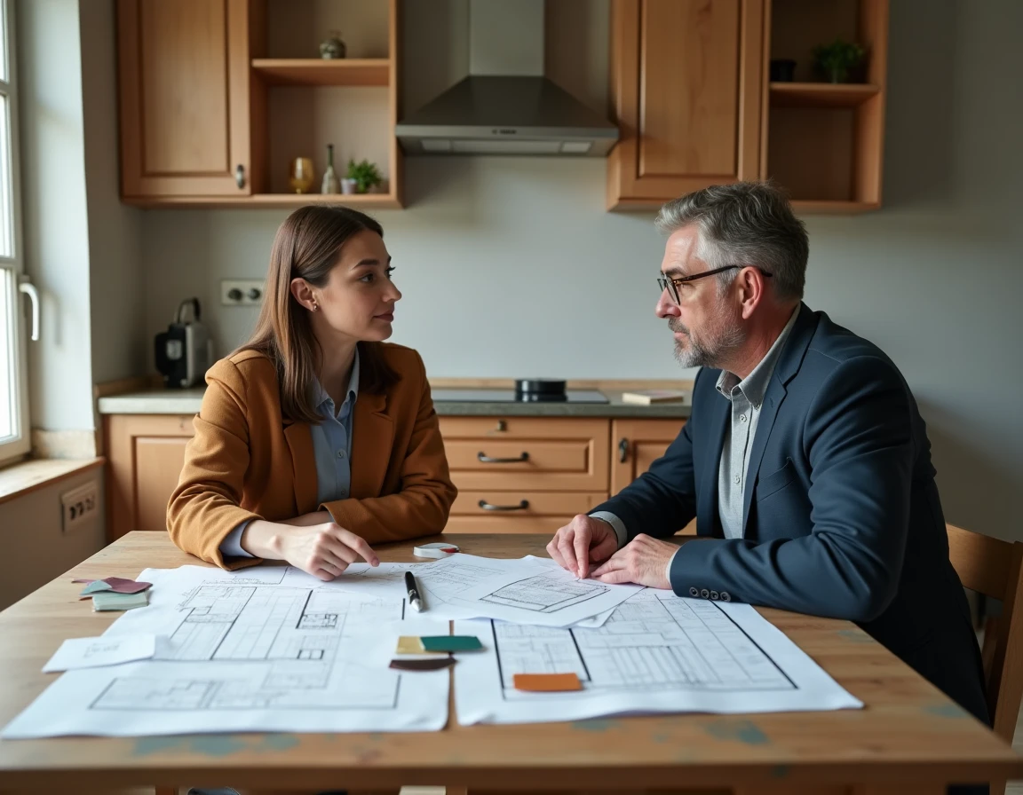 Propriétaire et architecte consultant un devis de rénovation sur des plans de travaux dans une cuisine en chantier