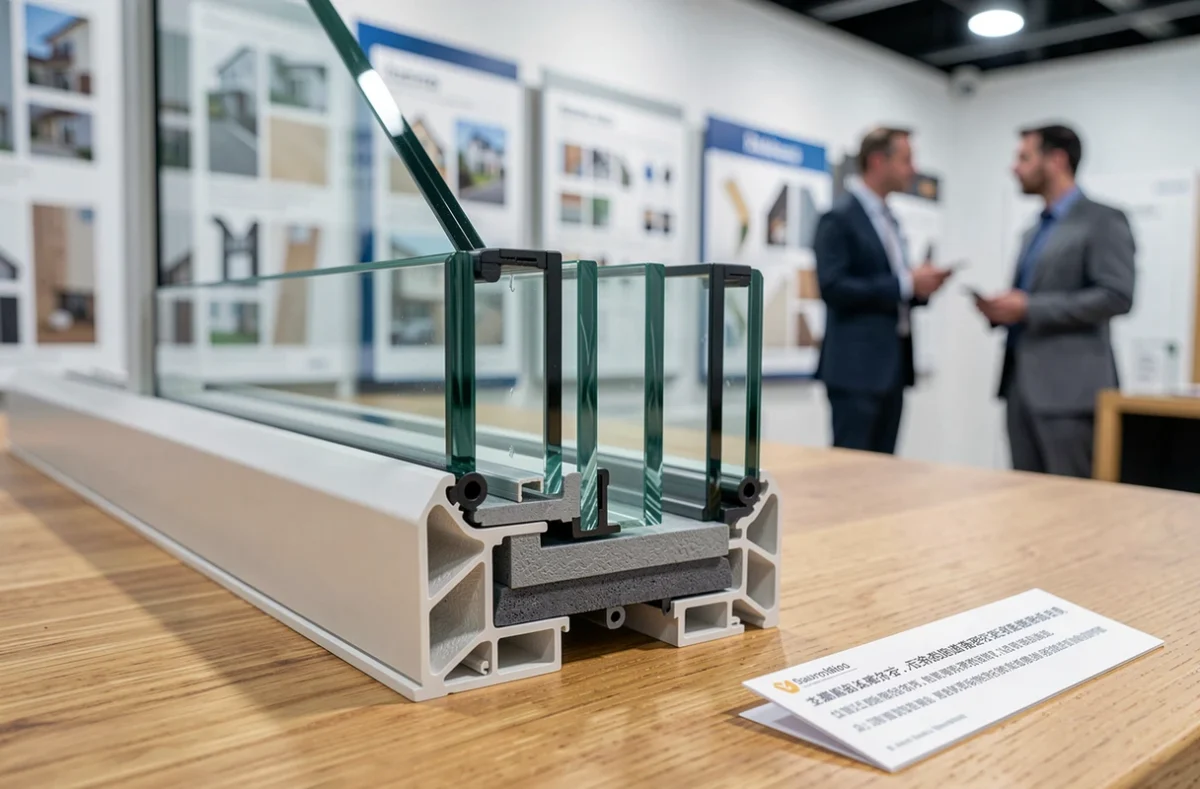 Coupe transversale d'un double vitrage exposée en showroom, révélant les deux vitres et le gaz intercalaire pour illustrer son efficacité thermique