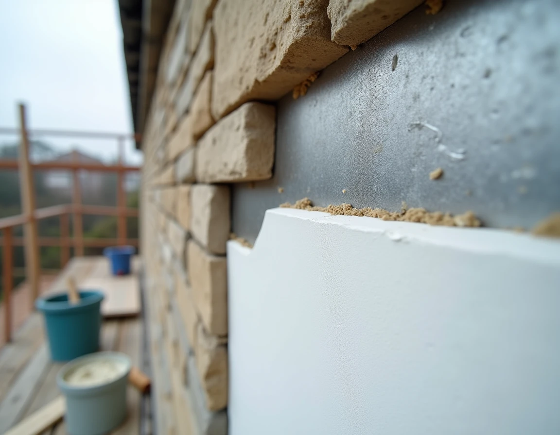 Vue en coupe d'un mur extérieur en cours d'isolation thermique montrant les différentes couches de matériaux de construction