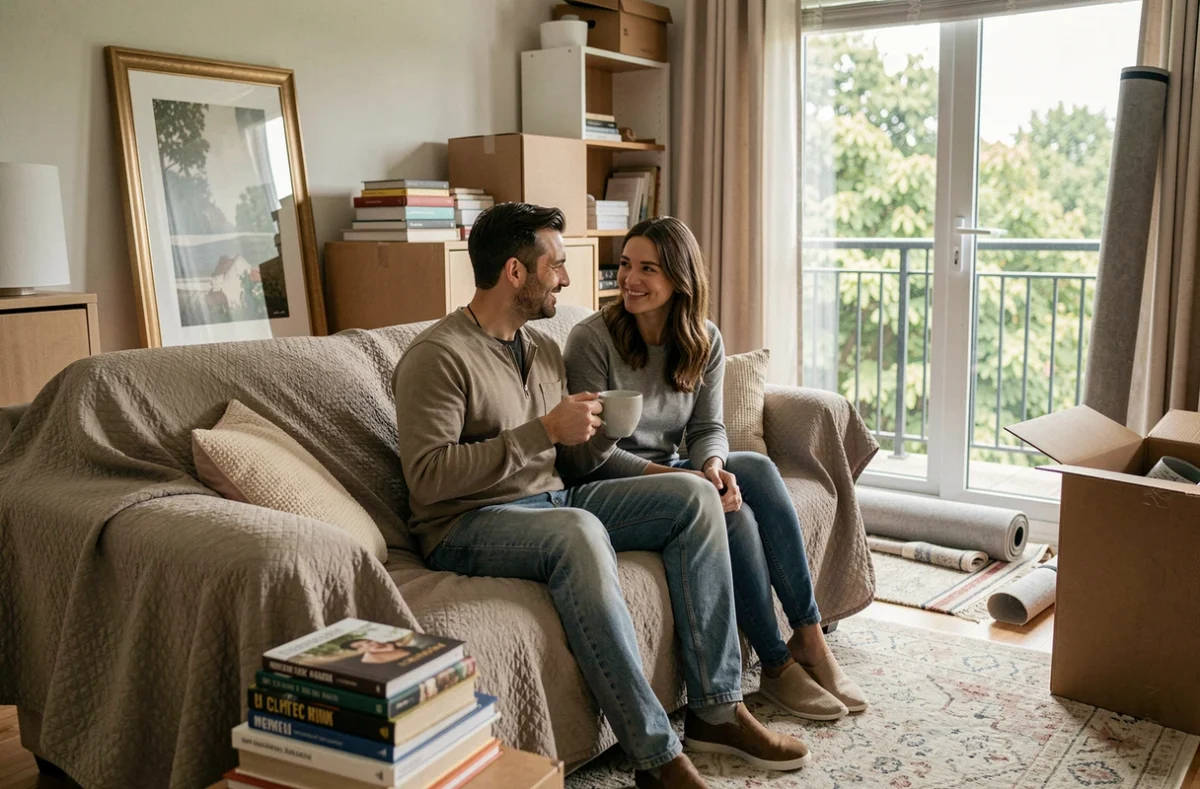 Couple souriant partageant un café sur un canapé recouvert d'une couverture de déménagement dans un appartement en cours d'installation