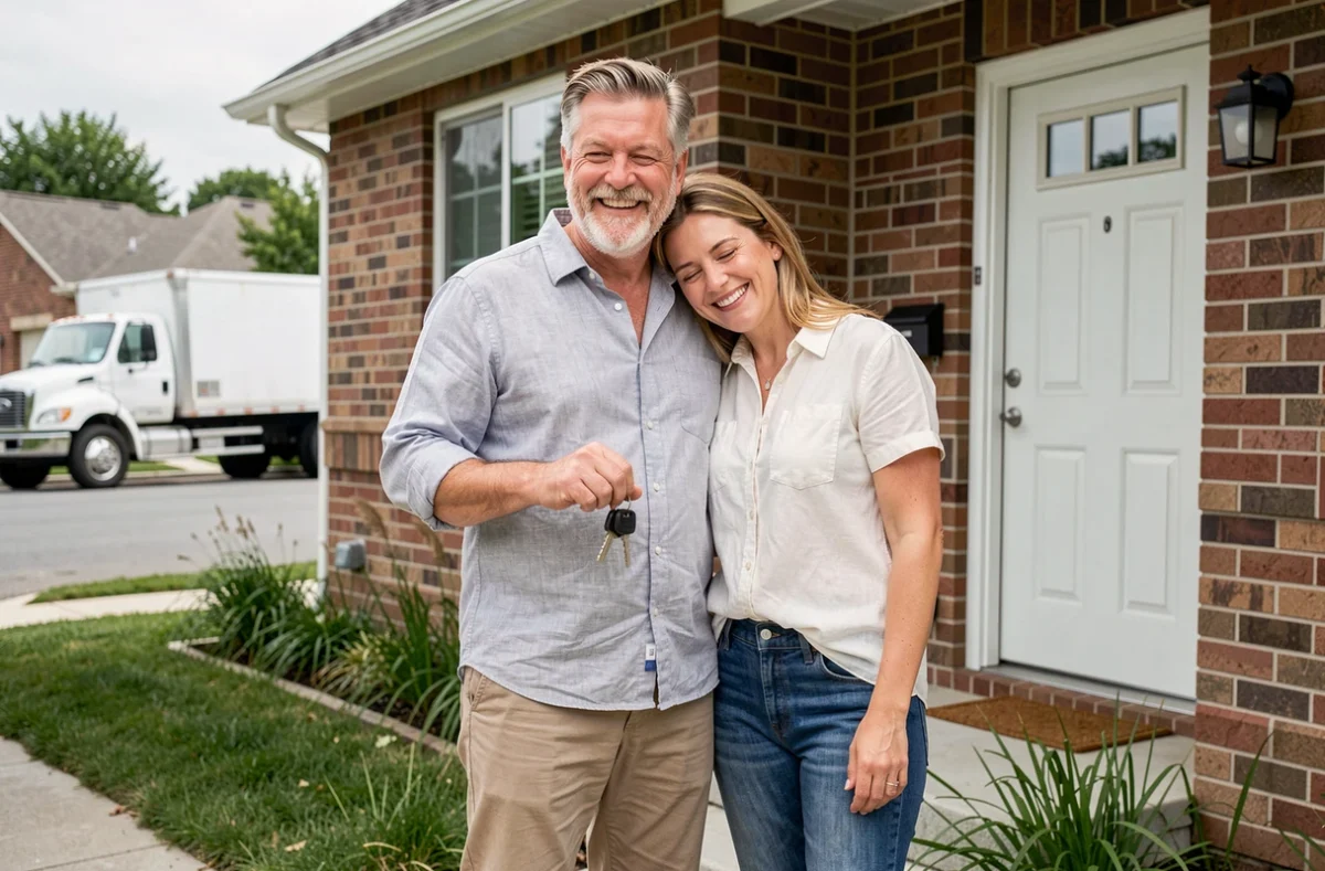 Couple heureux devant leur nouvelle maison tenant les clés lors d'un emménagement