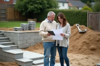 Couple consultant des plans d'aménagement extérieur sur une terrasse en cours de construction avec matériaux de jardinage