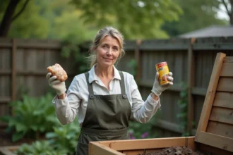 Femme dans un jardin tenant des déchets inadaptés au compost, comme un os de poulet et un contenant de produit laitier, devant un bac à compost en bois