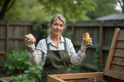 Femme dans un jardin tenant des déchets inadaptés au compost, comme un os de poulet et un contenant de produit laitier, devant un bac à compost en bois