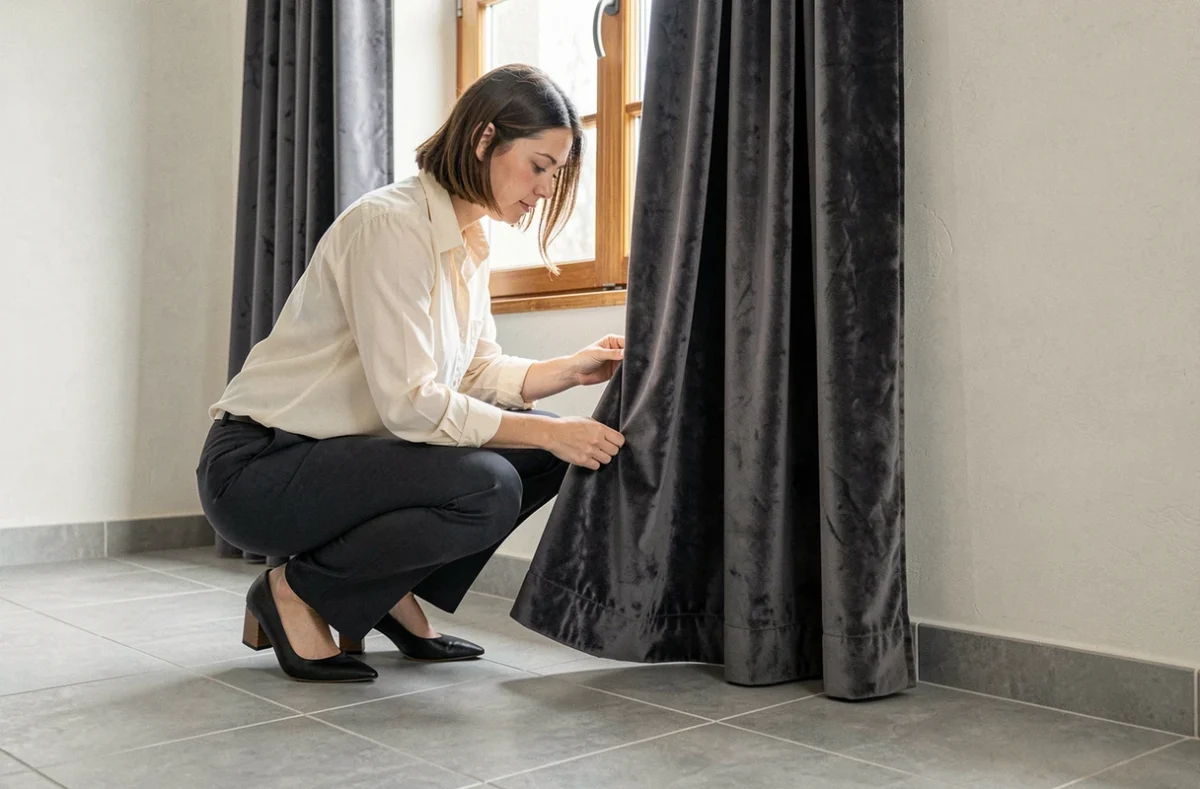 Décoratrice d'intérieur ajustant la longueur d'un rideau en velours gris anthracite pour qu'il touche le sol carrelé