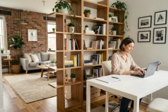 Femme travaillant dans un espace bureau délimité par une bibliothèque ouverte en bois dans un appartement moderne