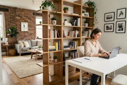 Femme travaillant dans un espace bureau délimité par une bibliothèque ouverte en bois dans un appartement moderne