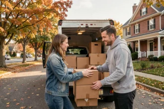 Couple chargeant des cartons dans un camion de déménagement devant une maison en automne