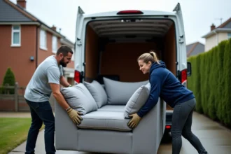 Deux personnes portant un grand canapé gris vers l'arrière d'une camionnette blanche garée devant une maison