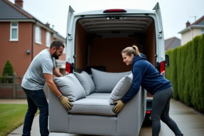 Deux personnes portant un grand canapé gris vers l'arrière d'une camionnette blanche garée devant une maison
