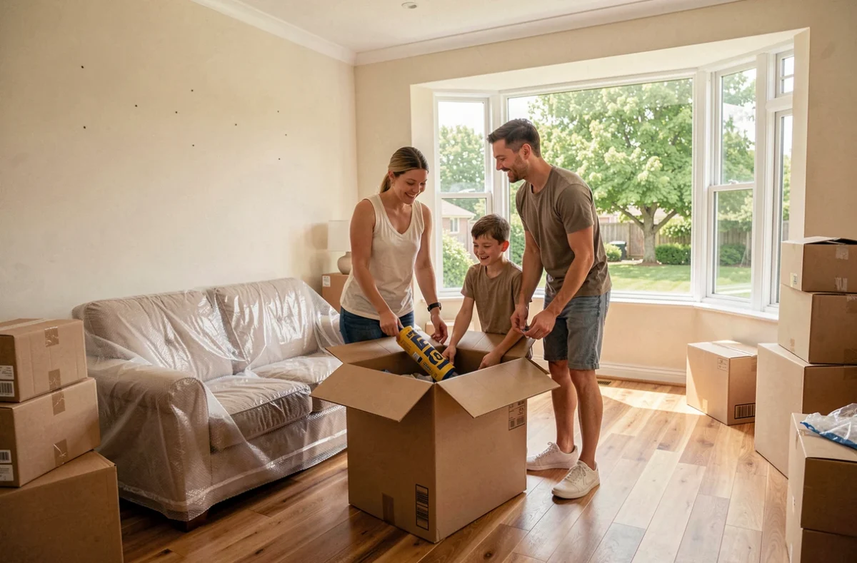 Famille déballant des cartons dans le salon de leur nouvelle maison en été