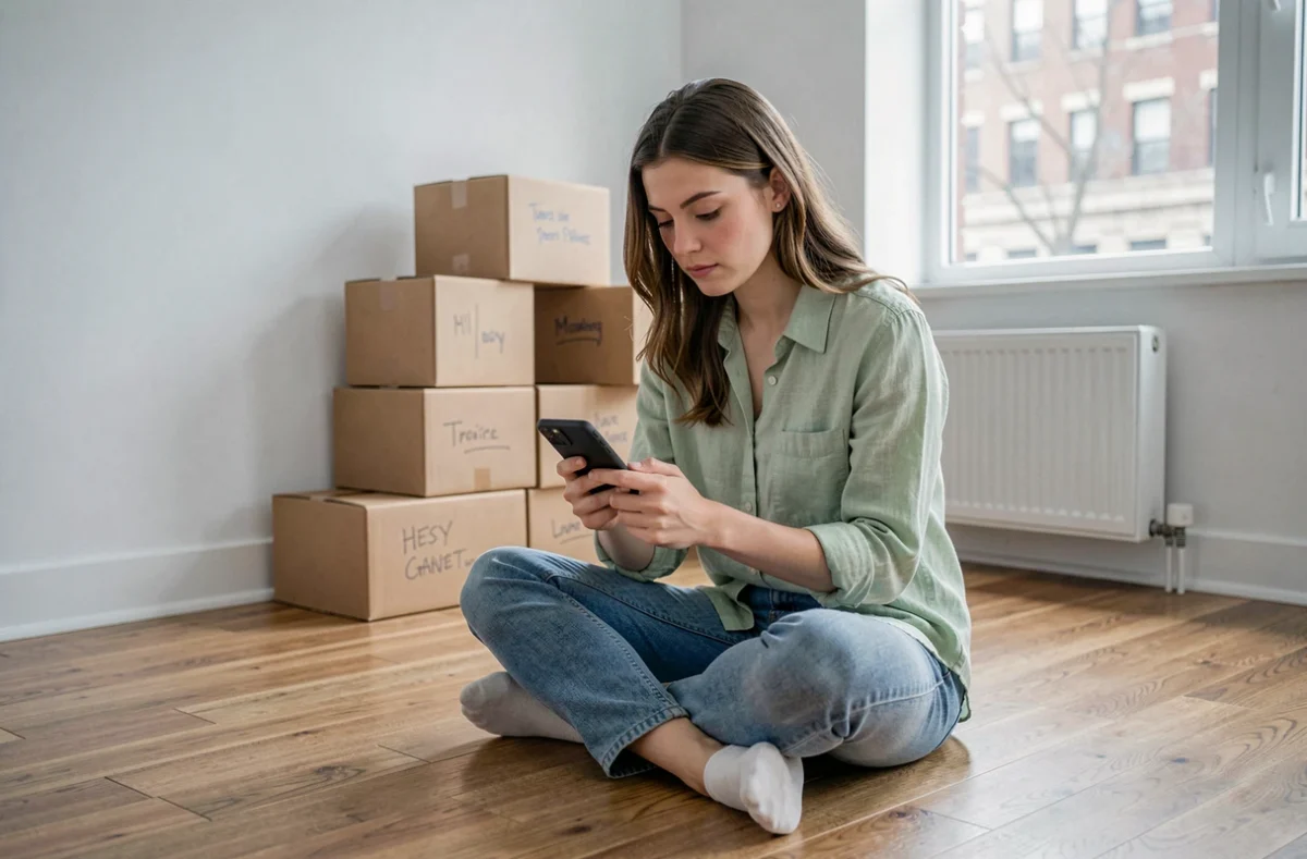 Jeune femme assise parmi des cartons dans un appartement vide au printemps consultant une liste de déménagement