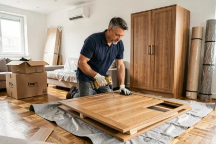 Déménageur professionnel démontant une armoire en bois dans un appartement le jour du déménagement