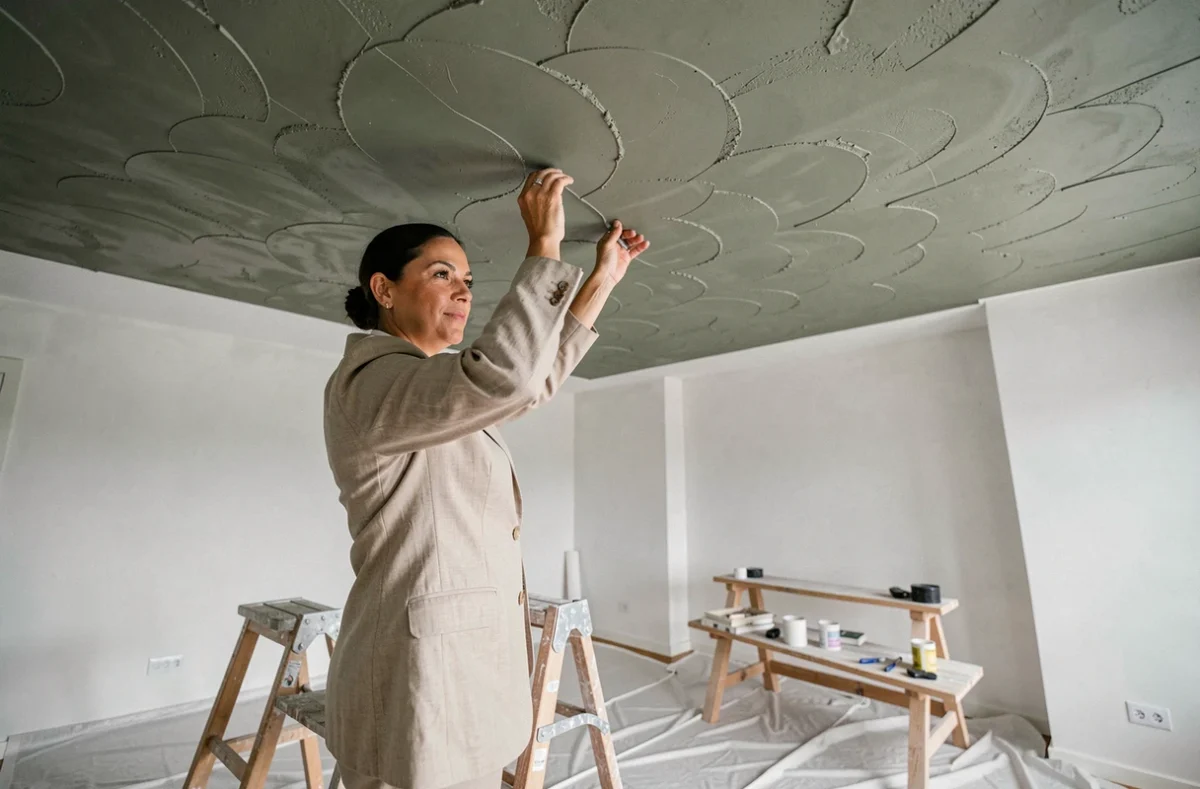 Designer d'intérieur inspectant un plafond en stuc vénitien vert sauge dans une chambre en rénovation
