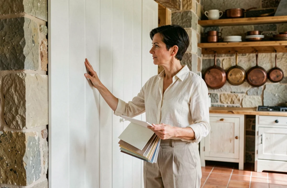 Designer d'intérieur présentant un lambris blanc partiel dans une cuisine de maison de campagne rénovée