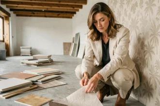Designer examinant des échantillons de revêtements muraux dans un appartement rénové aux tons neutres