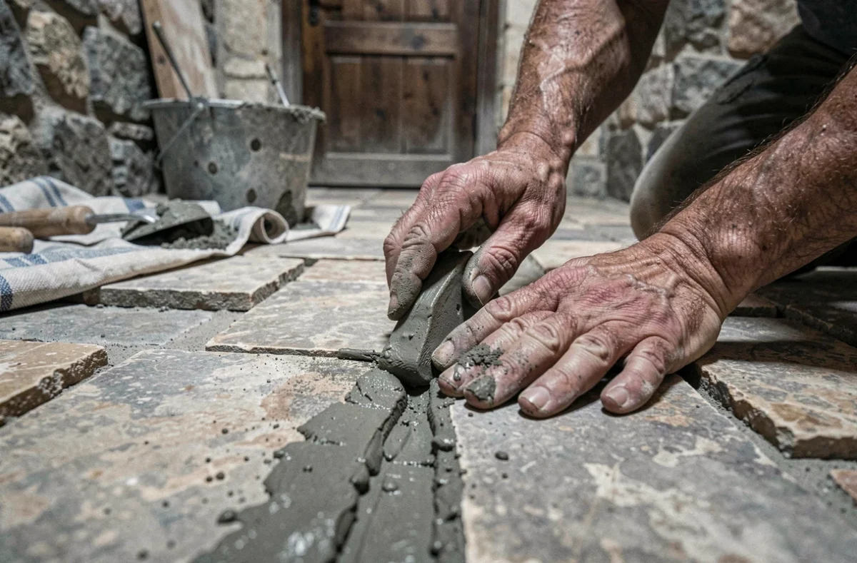 Gros plan sur des mains d'artisan appliquant du mortier de ragréage dans les joints d'un ancien sol en pierre calcaire