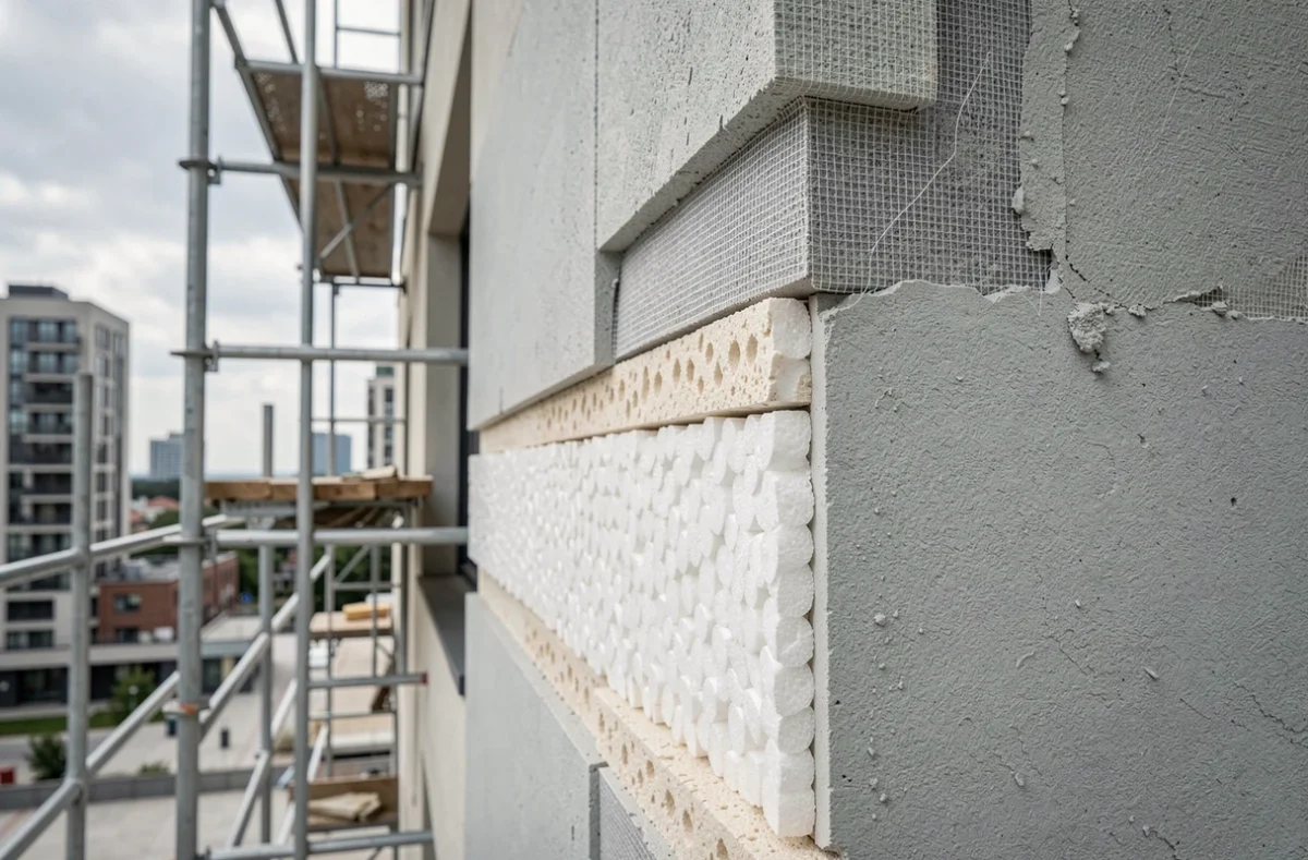 Détail des couches d'un système d'isolation thermique par l'extérieur sur un immeuble en rénovation