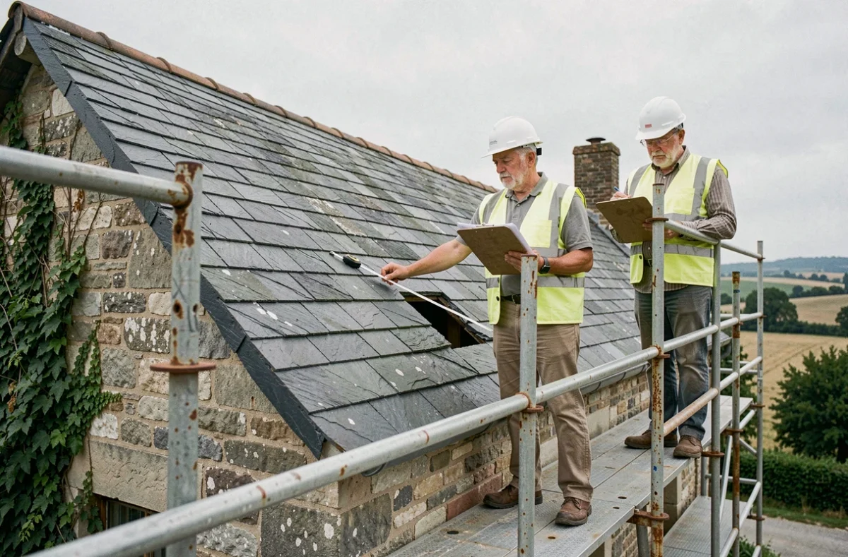 Deux artisans couvreurs évaluant les dégâts sur une toiture en ardoise ancienne avant une rénovation économique