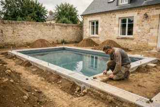 Construction d'une piscine à distance réglementaire des fondations d'une maison, avec un professionnel mesurant l'écartement sur un chantier résidentiel