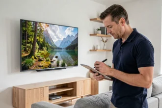 Technicien examinant une télévision QLED 65 pouces montée au mur dans un salon moderne scandinave