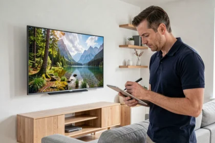 Technicien examinant une télévision QLED 65 pouces montée au mur dans un salon moderne scandinave