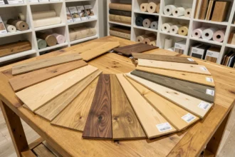 Échantillons de parquet en bois massif variés étalés sur une table dans un showroom de rénovation