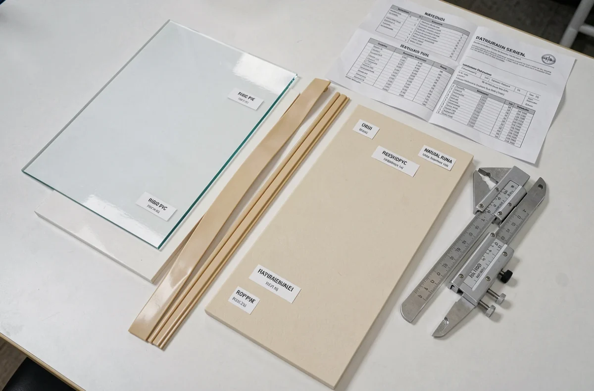 Échantillons de matériaux PVC et polypropylène étiquetés disposés en vue aérienne sur une table de laboratoire blanc