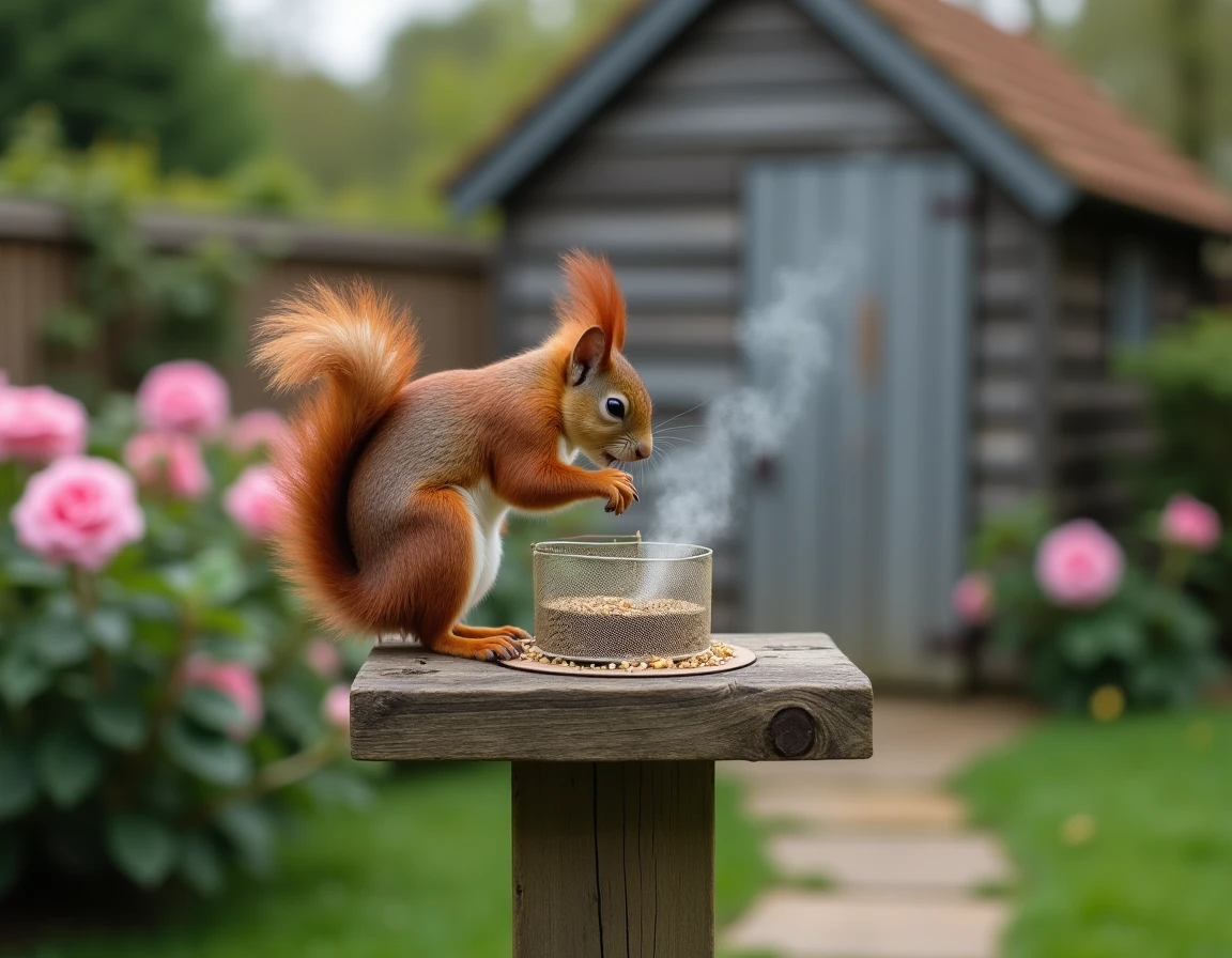 Écureuil roux face à une barrière traitée avec un répulsif spray sur une mangeoire de jardin