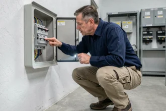 Électricien professionnel inspectant un tableau électrique avec disjoncteurs dans une salle technique moderne