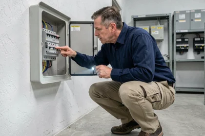Électricien professionnel inspectant un tableau électrique avec disjoncteurs dans une salle technique moderne