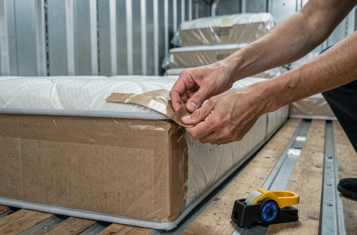 Gros plan sur l'emballage d'un angle de sommier avec une housse carton dans un camion de déménagement