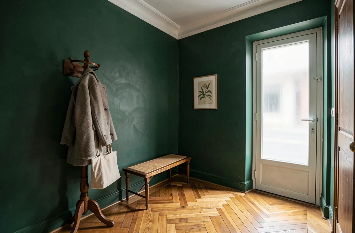 Entrée haussmannienne transformée avec mur vert forêt, parquet en point de Hongrie et banc en rotin