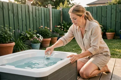 Femme entretenant l'eau de son spa extérieur en ajoutant un produit de traitement sur une terrasse en bois