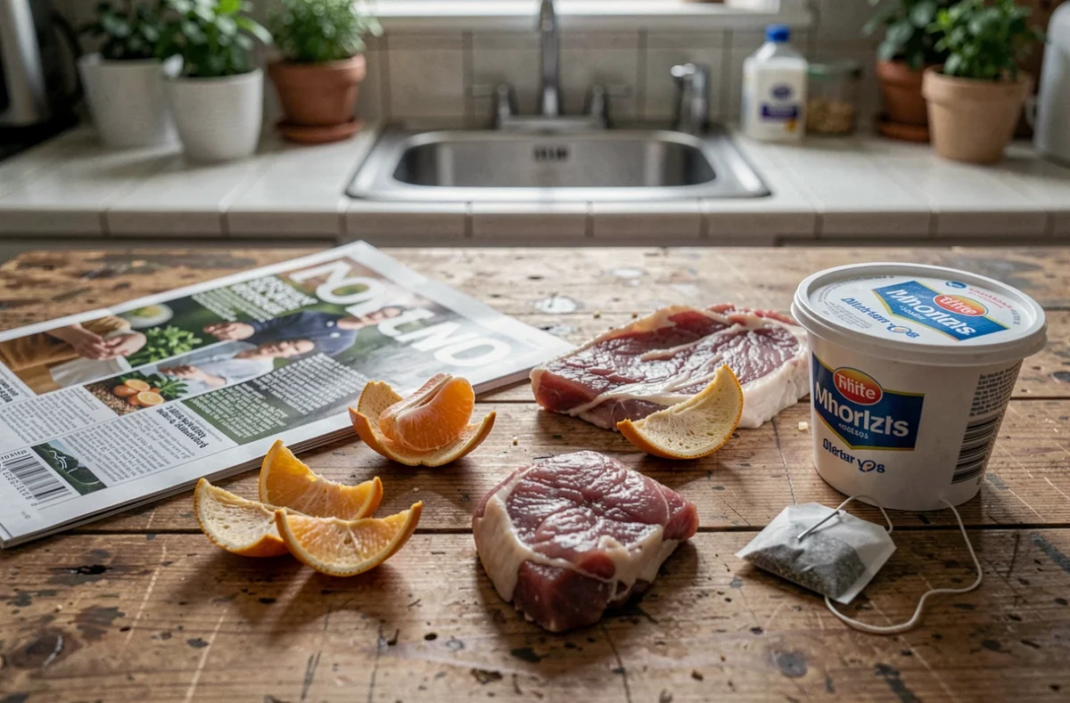 Vue de dessus de déchets ménagers inadaptés au compostage disposés sur une table en bois, incluant des agrumes, de la viande et un magazine glacé