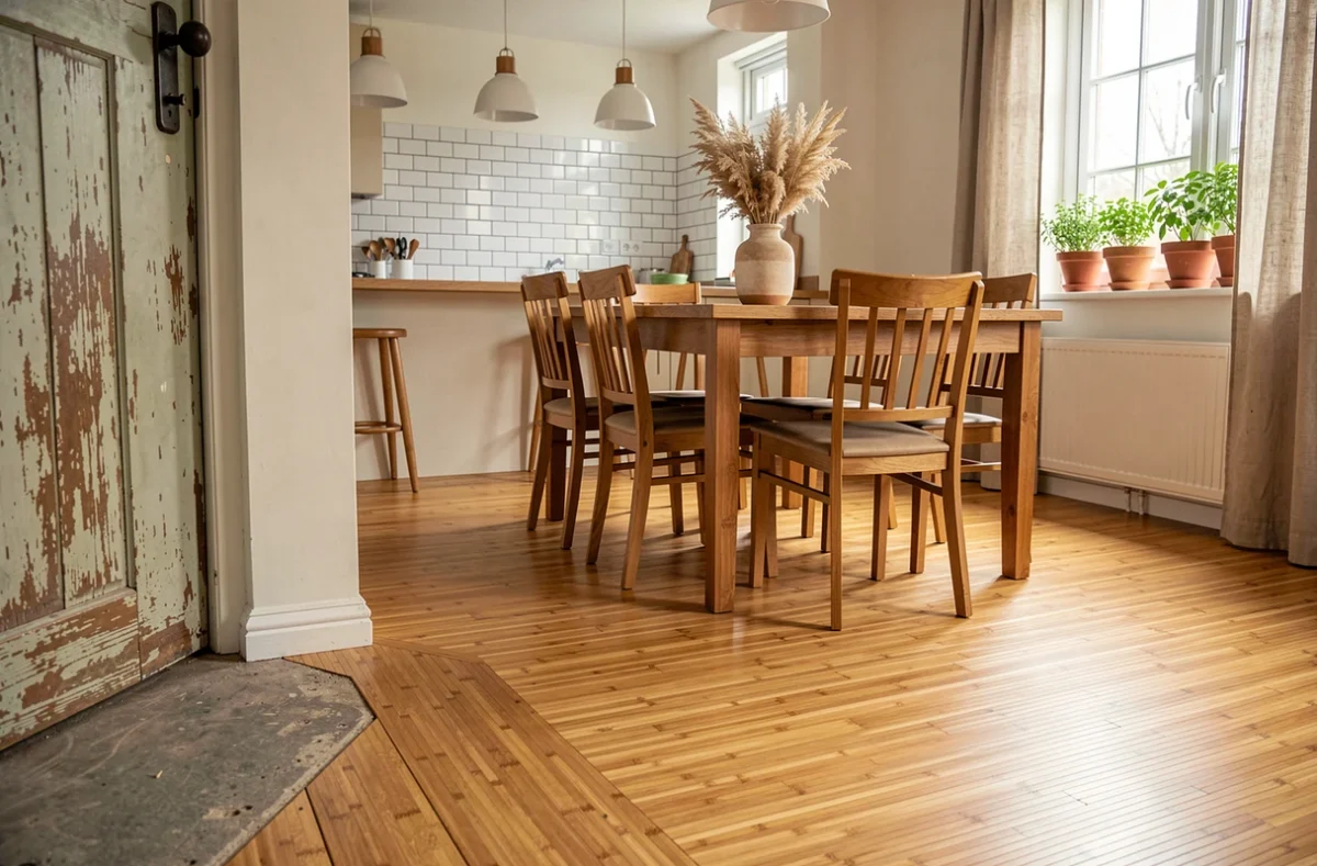 Cuisine salle à manger avec parquet en bambou montrant l'évolution naturelle de la matière entre zones très fréquentées et zones protégées par les meubles