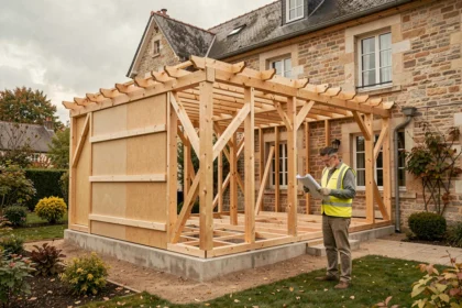 Extension à ossature bois en cours de construction accolée à une maison en pierre, charpente en pin brut et ouvrier consultant des plans