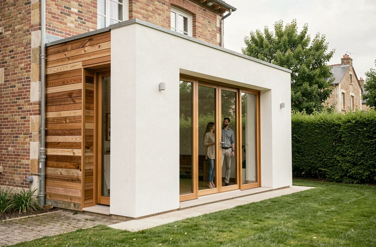 Extension bois moderne avec baies vitrées intégrée à une maison en brique, couple dans l'embrasure de la porte, jardin verdoyant en arrière-plan