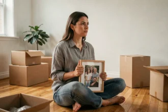 Femme assise sur le sol de son nouvel appartement entourée de cartons de déménagement, tenant un cadre photo avec une expression pensive