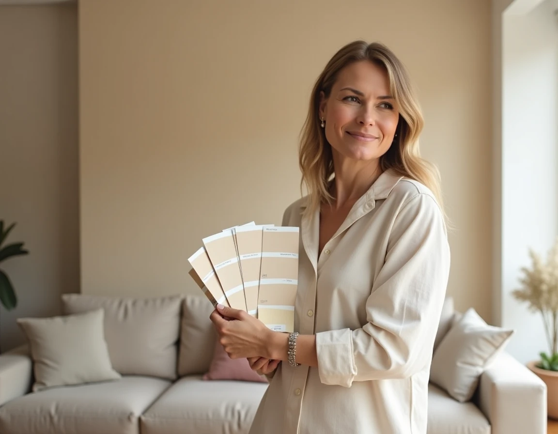 Femme comparant des teintes beige toile et beige accessible sur deux murs d'un salon scandinave moderne avec un nuancier de peinture