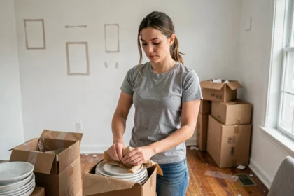 Femme qui emballe ses affaires dans des cartons lors d'un déménagement dans un appartement vide