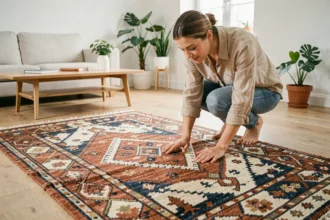 Femme examinant un tapis marocain traditionnel en laine aux motifs géométriques colorés dans un salon moderne