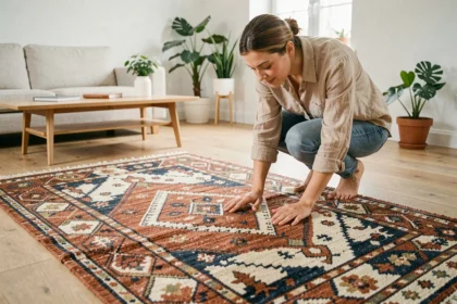 Femme examinant un tapis marocain traditionnel en laine aux motifs géométriques colorés dans un salon moderne