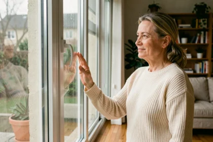 Femme touchant une fenêtre à double vitrage dans un salon moderne, illustrant le confort thermique apporté par ce type de vitrage