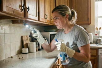 Femme inspectant des traces d'insectes nuisibles sous un meuble de cuisine avec une bombe insecticide
