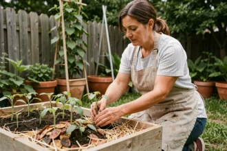 Femme jardinant dans un potager en permaculture avec un carré de culture surélevé et des semis de légumes