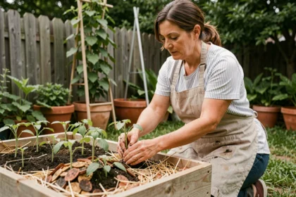 Femme jardinant dans un potager en permaculture avec un carré de culture surélevé et des semis de légumes