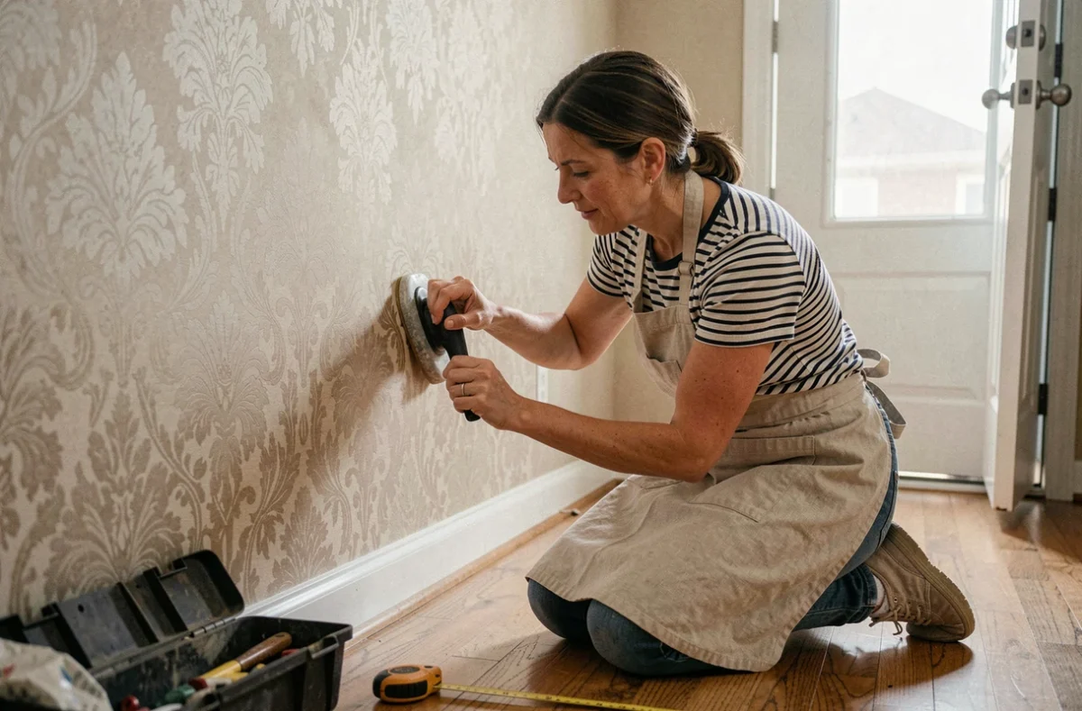 Femme posant du papier peint dans une entrée en cours de transformation DIY