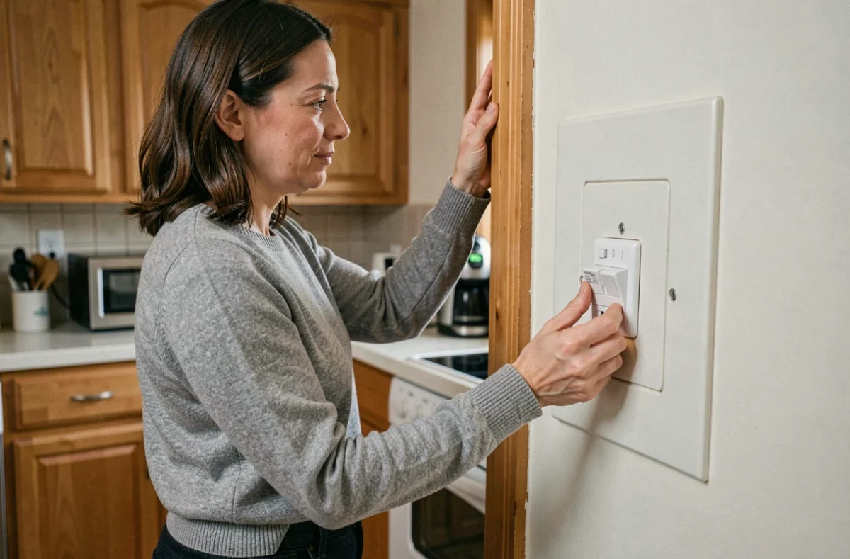 Femme réarmant un disjoncteur sur un tableau électrique encastré dans une cuisine résidentielle