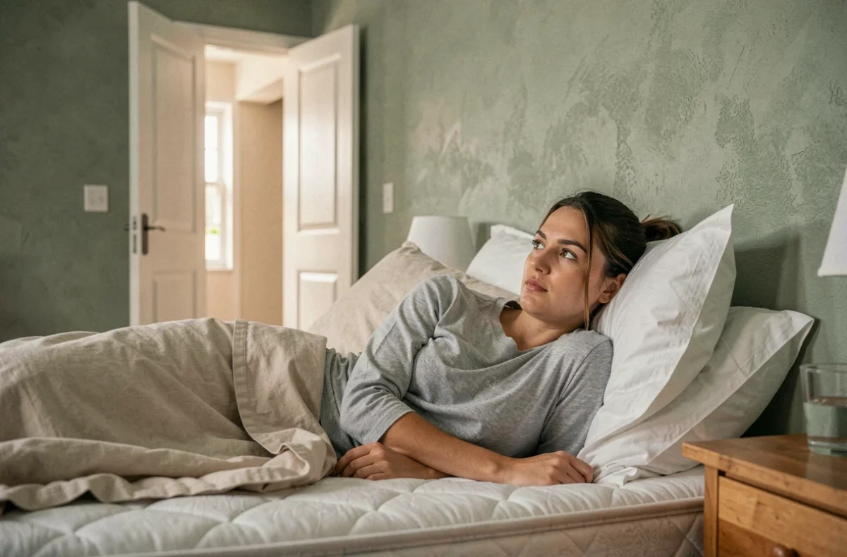 Femme allongée dans son lit regardant la porte ouverte de sa chambre avec une expression pensive